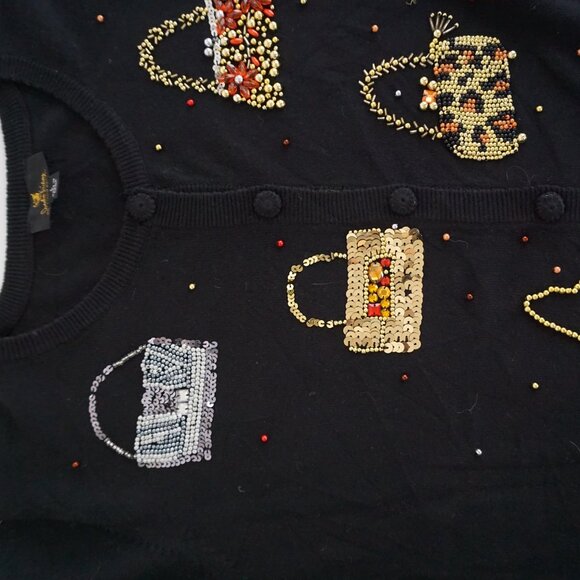 Absolutely Fabulous Black w Gold Beaded Purse Motif Glam 90s Sweater L - Picture 9 of 10